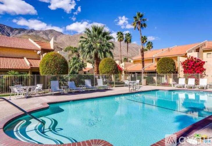 A pool surrounded by palm trees and chairs.