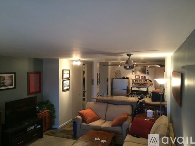 A living room with a couch, a television, and a ceiling fan.