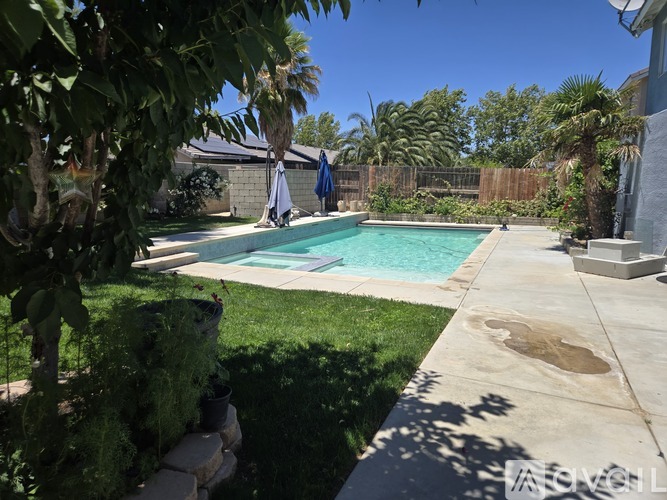 A backyard with a pool and a person in the background.