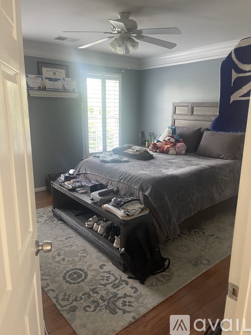 A bedroom with a bed, a ceiling fan, and a rug on the floor.