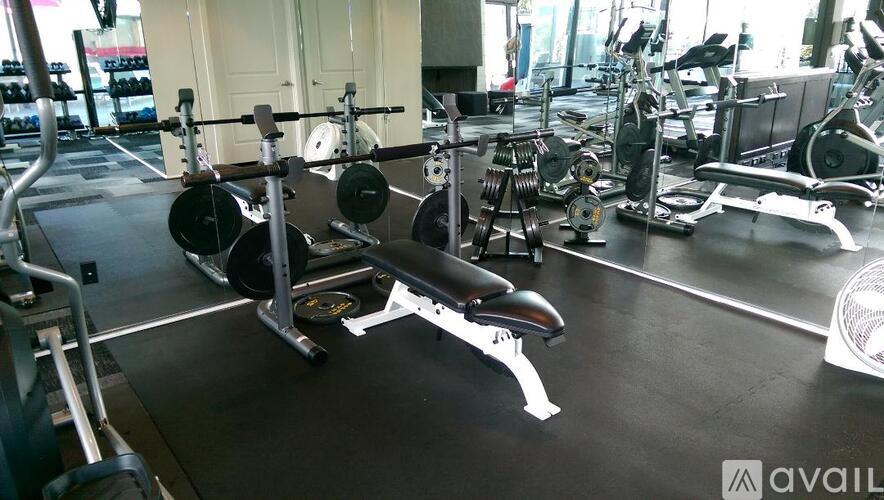 A gym with a variety of equipment including weight machines and weightlifting bars.