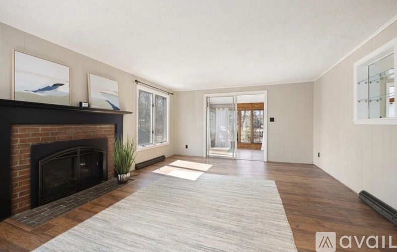 A living room with a fireplace and a rug on the floor.