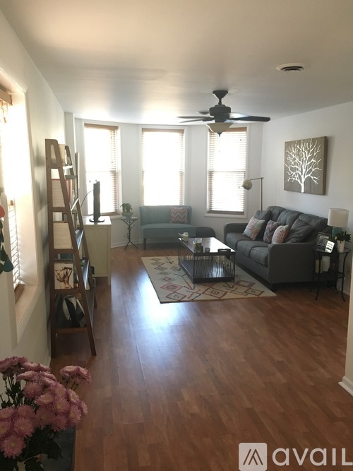 A living room with a couch, a coffee table, and a ceiling fan.