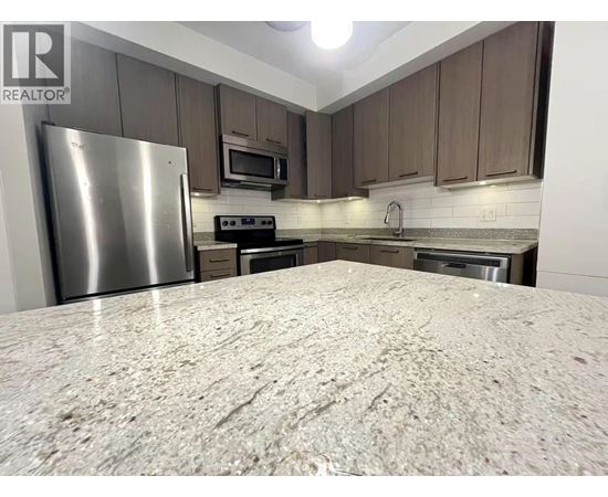A kitchen with a granite countertop and stainless steel appliances.