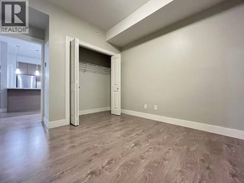 A room with a slanted ceiling and a closet with a door open.