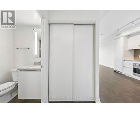 A white bathroom with a toilet, sink, and a large white door.