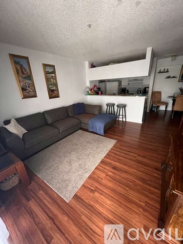 A living room with a grey couch and a rug in front of it.
