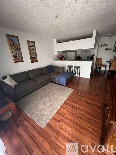 A living room with a grey couch and a rug in front of it.