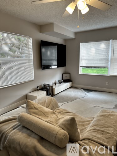 A living room with a couch and a television.