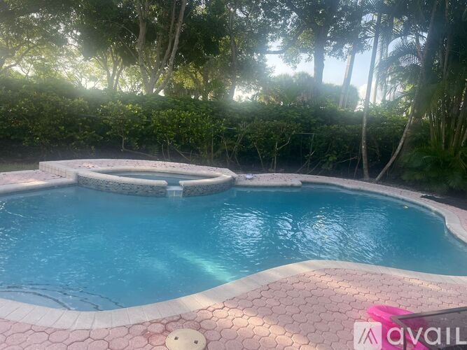 A pool surrounded by trees and bushes.