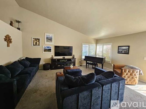 A living room with a dark blue sofa and a television.