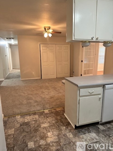 A kitchen area with a counter and cabinets.