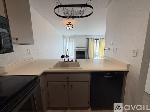 A kitchen with a black dishwasher and a black fridge.