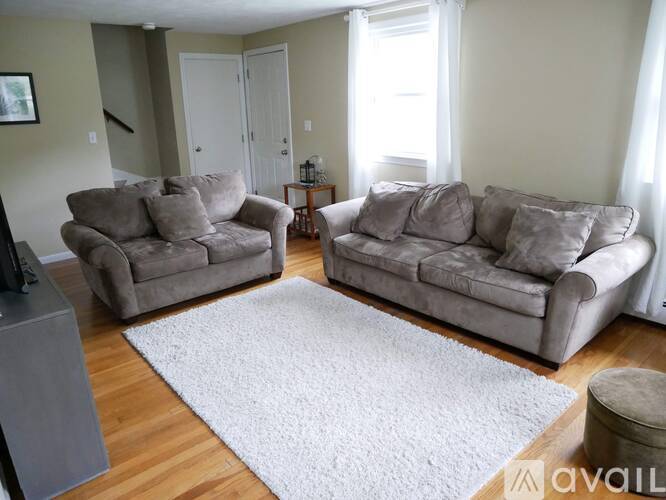 Two grey couches in a living room with a white rug.