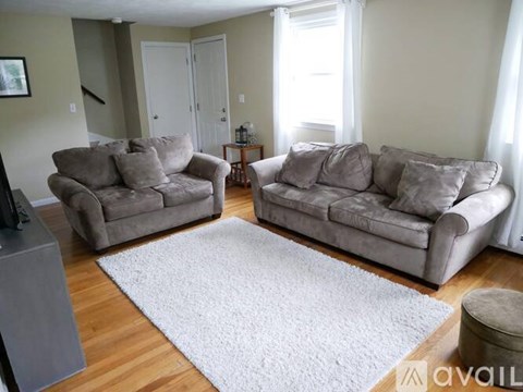 Two grey couches in a living room with a white rug.
