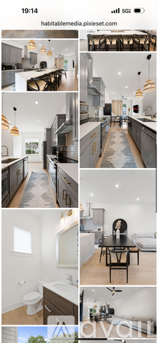 A series of images showcasing a modern kitchen and living space.