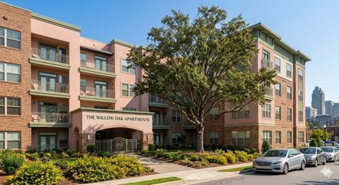 The Willow Oak Apartments is a large brick building with a tree in front.