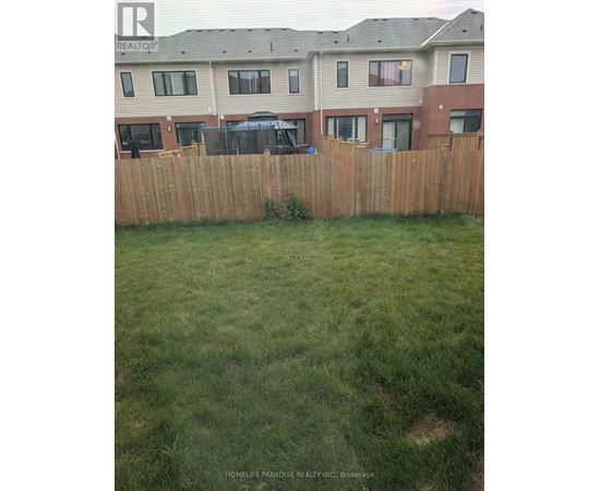 A grassy yard in front of a brown fence and apartment building.