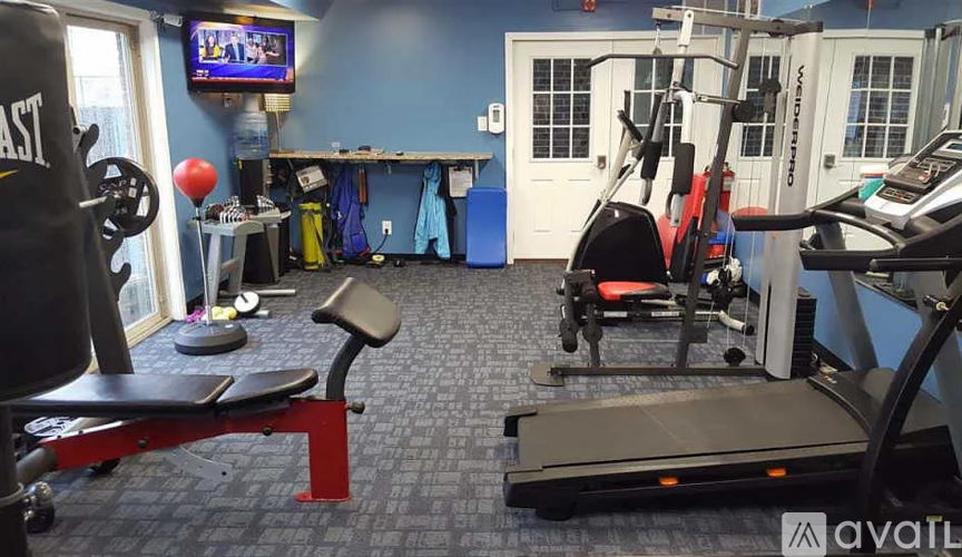 A gym room with a bench, weights, and a television.