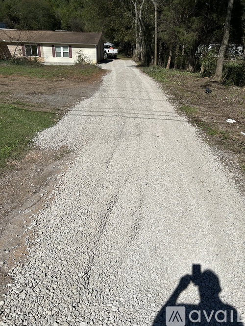 A gravel road stretches into the distance with a house on the left and trees on the right.