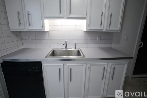 A kitchen with white cabinets and a black dishwasher.