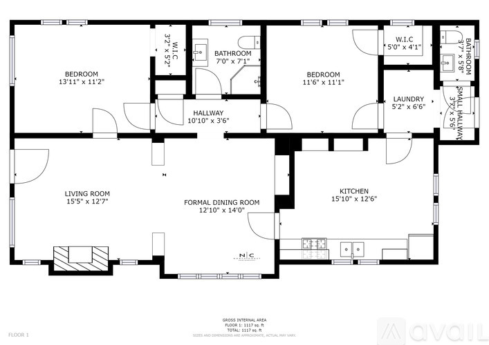 A floor plan of a house with a living room, two bedrooms, a laundry room, a kitchen, a bathroom, and a hallway.