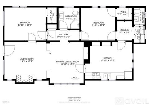 A floor plan of a house with a living room, two bedrooms, a laundry room, a kitchen, a bathroom, and a hallway.