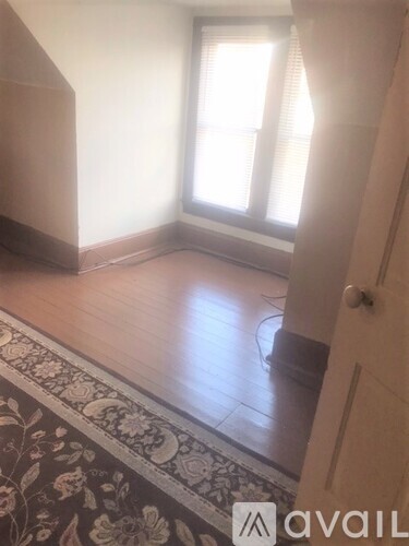 A hallway with a rug and a door.