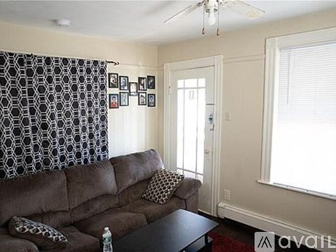 A living room with a brown couch and a patterned curtain.
