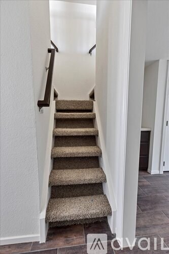 A staircase with a beige carpeted runner and dark wooden steps.