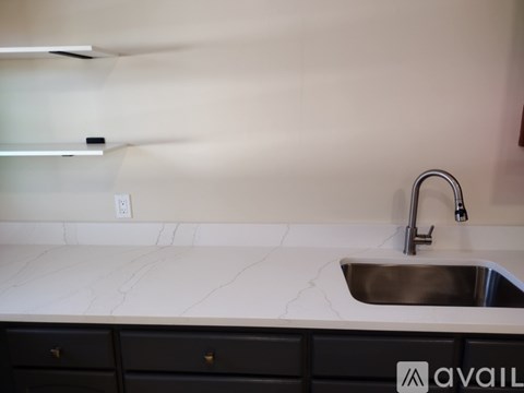A kitchen counter with a sink and a faucet.