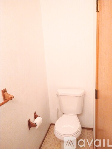 A white toilet in a small bathroom with a toilet paper holder on the wall.