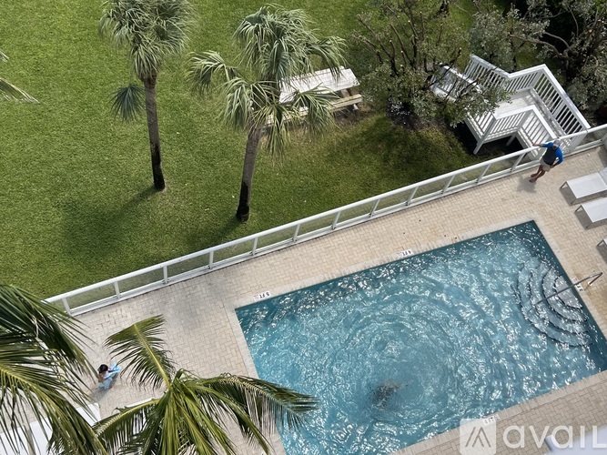 A swimming pool surrounded by palm trees and a white fence.
