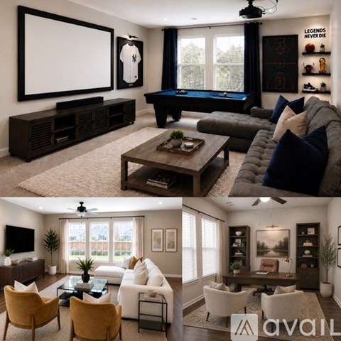 A living room with a pool table and a television.