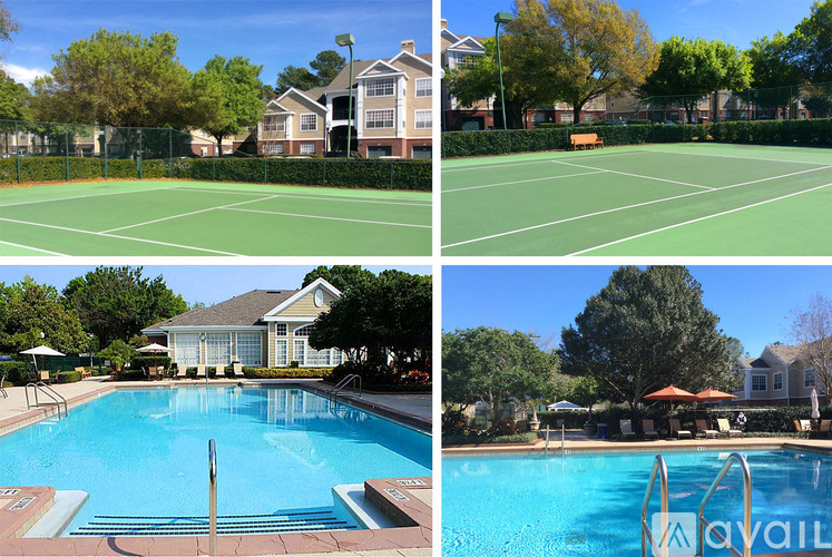 A collage of a tennis court, a swimming pool, and a house.