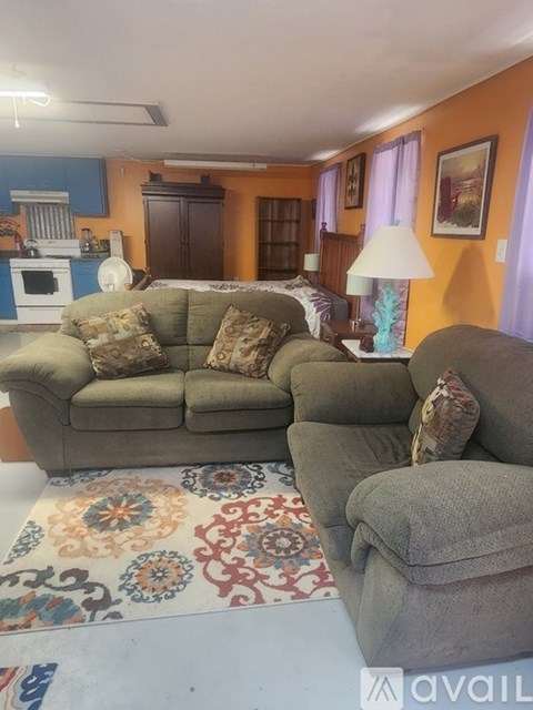 A living room with a grey couch and a rug.