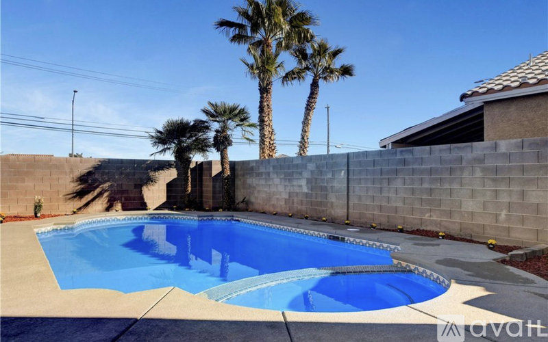 A swimming pool surrounded by a wall and palm trees.