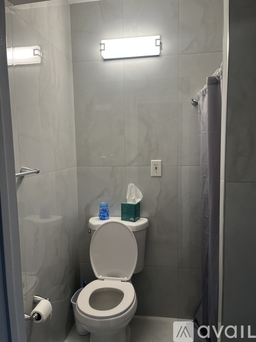 A white toilet with a blue bottle and a green container on top of it.