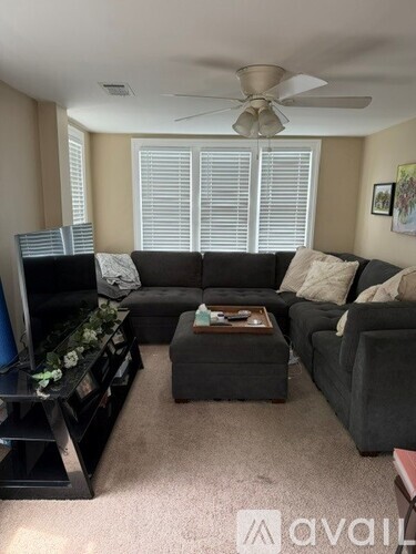 A living room with a grey couch, a coffee table, and a television.