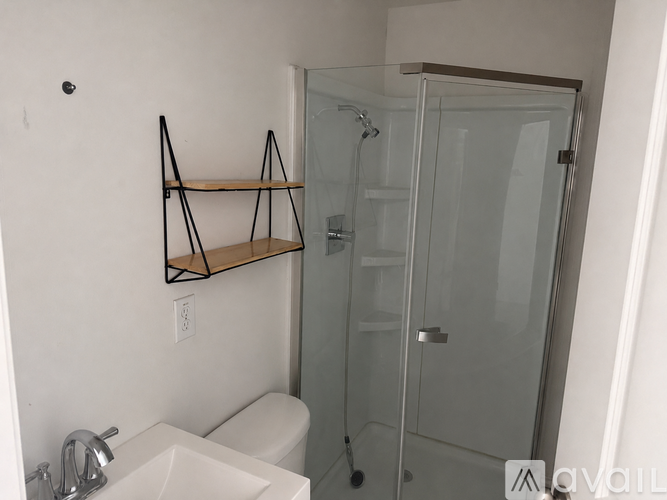 A bathroom with a sink, toilet, and a walk-in shower.