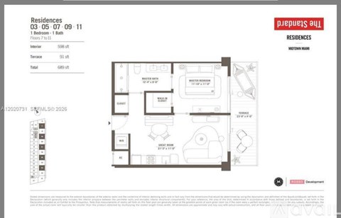 A floor plan for a residence with a total area of 696 square feet, including a 1 bedroom, 1 bath, and a terrace.