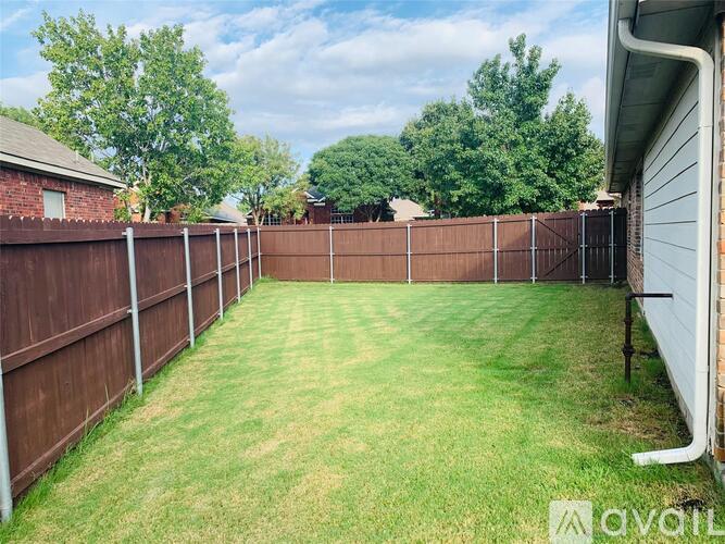 A backyard with a brown fence and green grass.