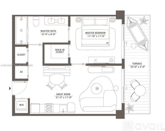 A floor plan of a house with a master bedroom, master bath, great room, and terrace.