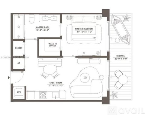 A floor plan of a house with a master bedroom, master bath, great room, and terrace.
