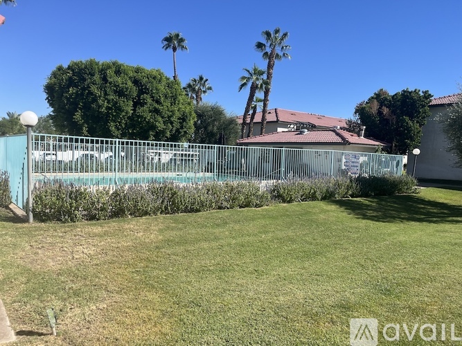 A green lawn with a fence and trees in the background.