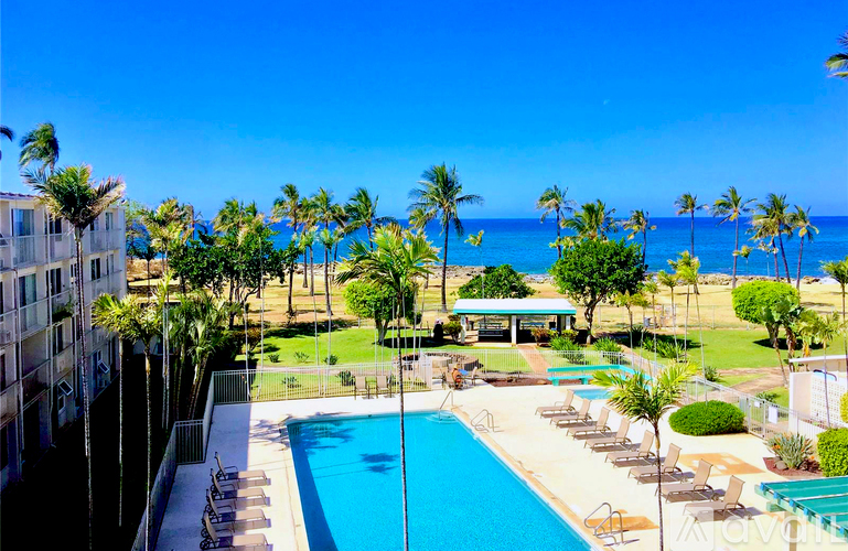 A pool surrounded by palm trees and a building.