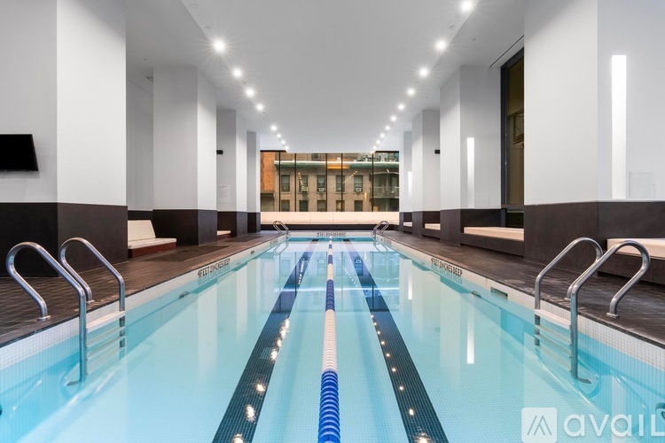 A long rectangular indoor swimming pool with a blue bottom and white walls.