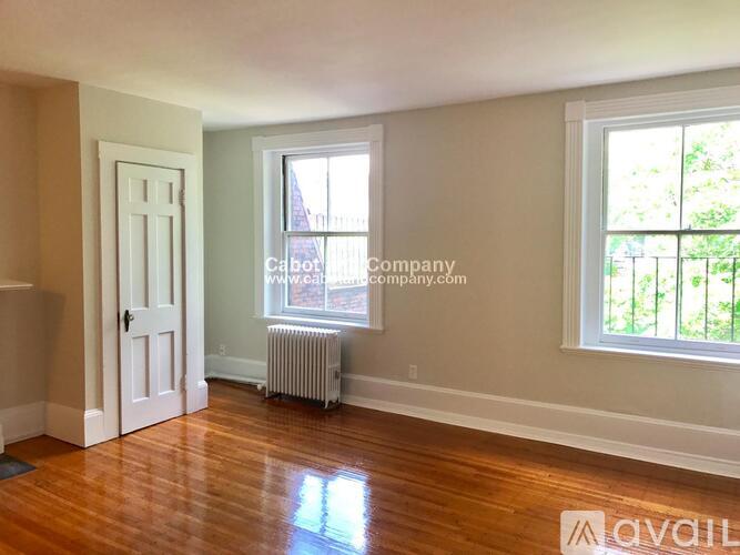 A room with wooden floors and two windows.