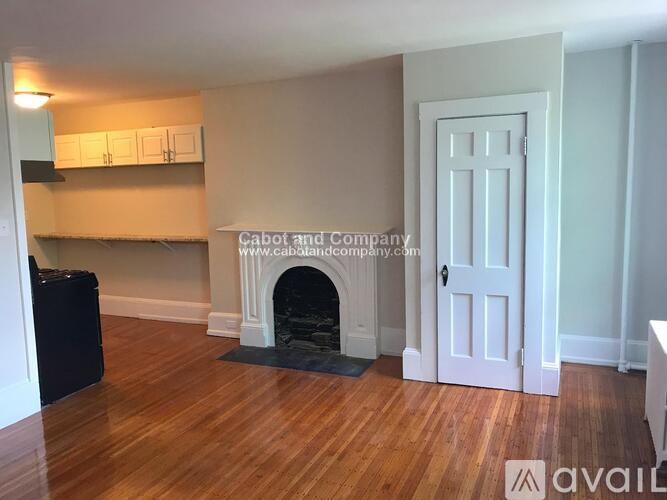 A room with a fireplace and a door.