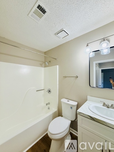 A bathroom with a white toilet, sink, and bathtub.